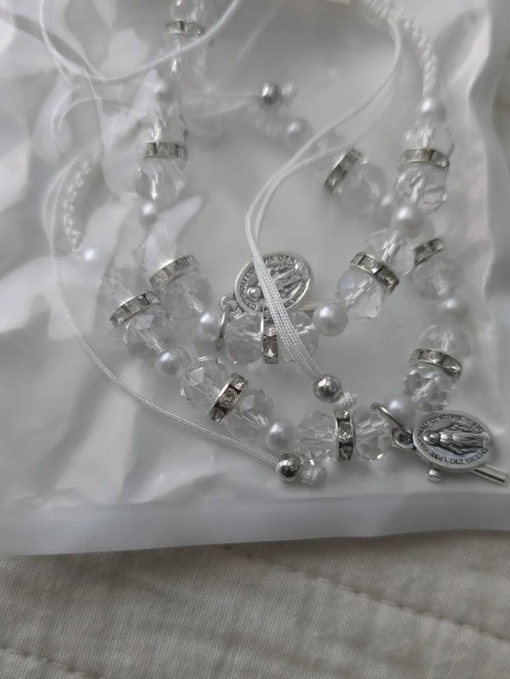White Beaded Rosary Bracelets with Clear Crystal Accents. Unisex